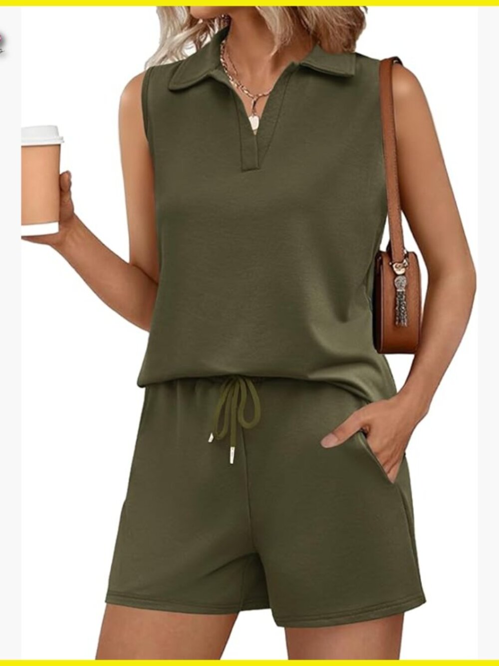 Sleeveless V-Neck Lounge Set Drawstring Shorts Lightweight Polyester Modern Cozy